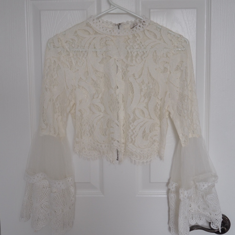 Chelsea white lace crop top with bell sleeves